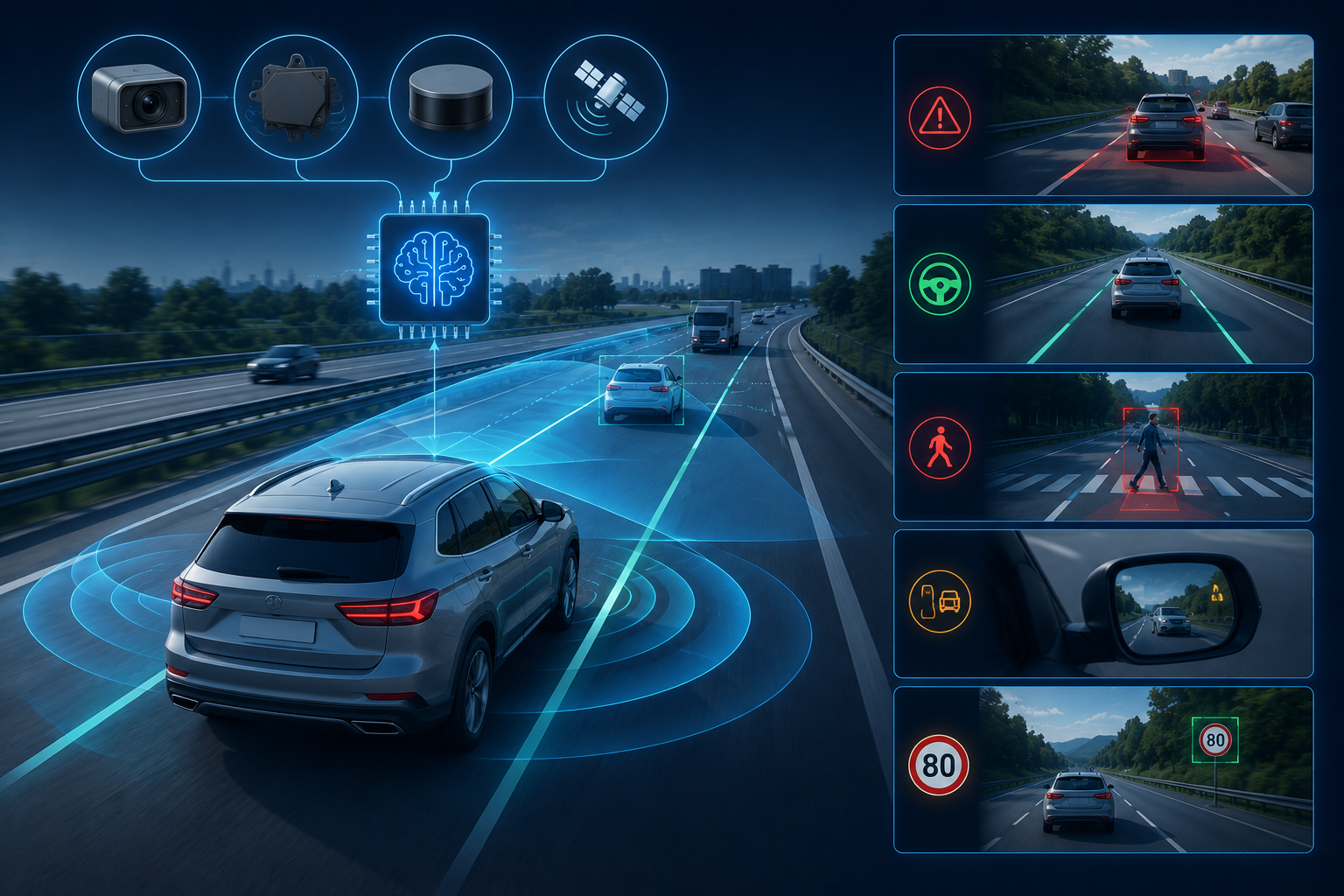 Diagrama: cómo funciona el ADAS con detección de colisión y abandono de carril